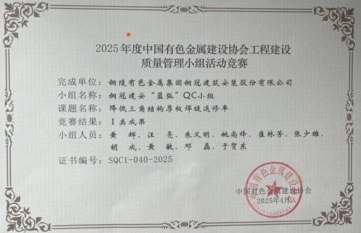 公司QC成就喜获有色金属建设行业奖 
